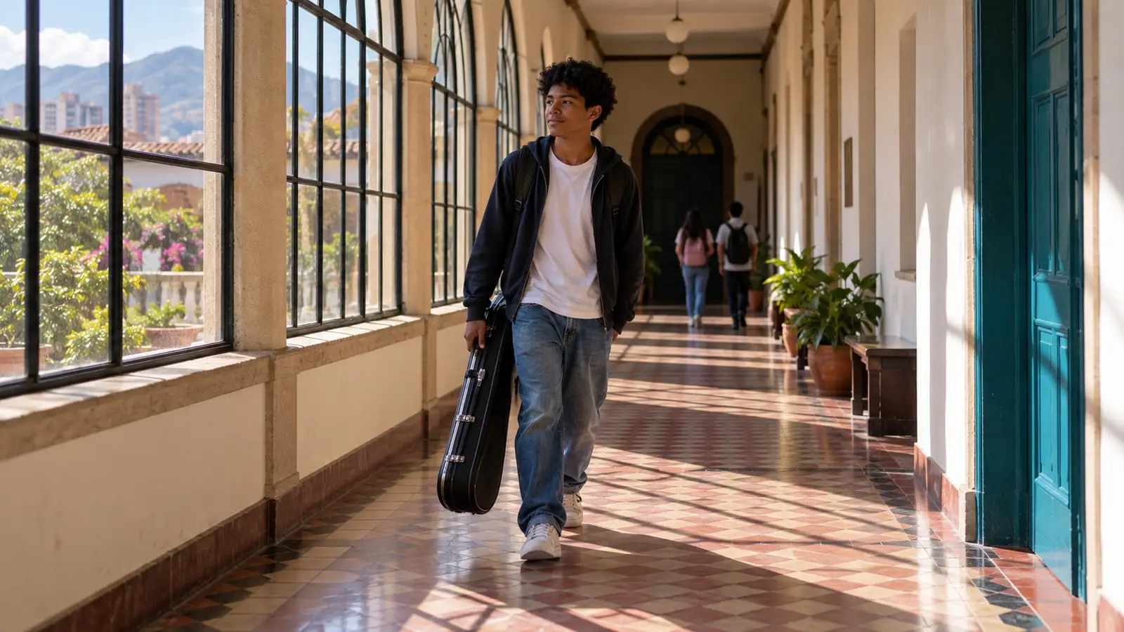 Un chico camina con un estuche de instrumento por un largo corredor antiguo con arcos y luz que entra por las ventanas