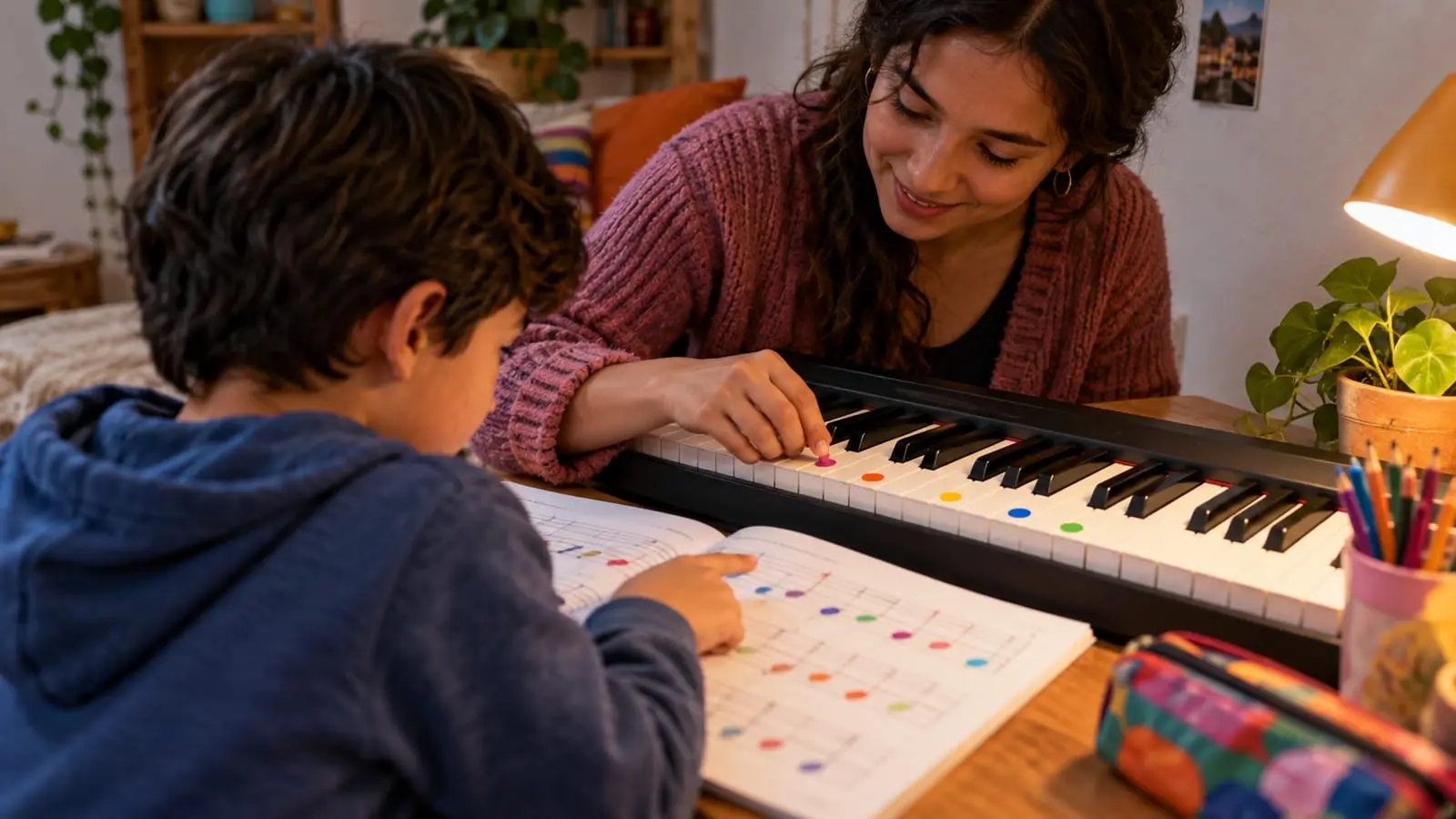 Niño señala una partitura con notas de colores mientras su profesora marca una tecla del piano con un adhesivo
