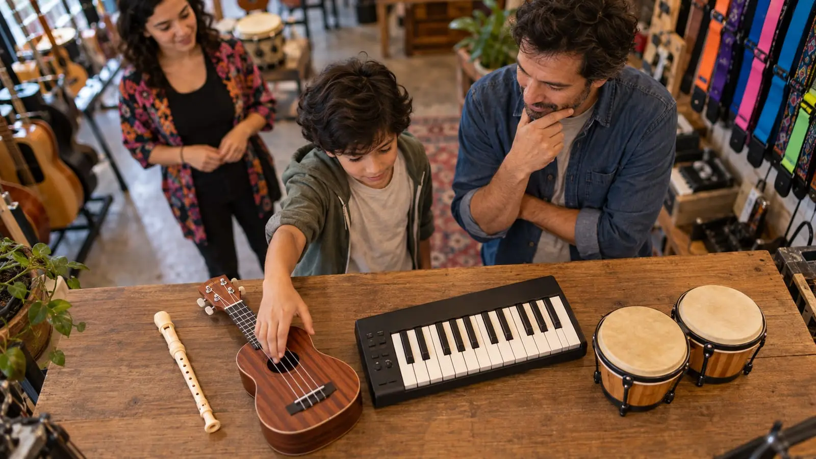 Un niño y su papá miran una flauta, un ukelele, un teclado y un bongó sobre una mesa en una tienda