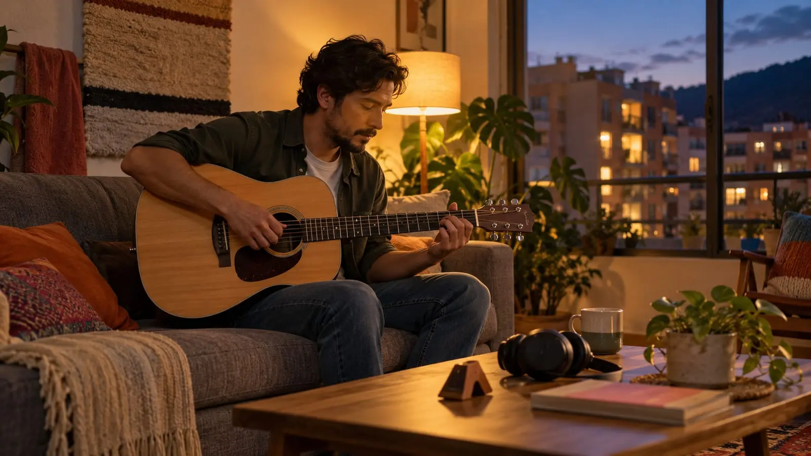 A man plays guitar softly in his living room with rugs and towels, with the neighboring building visible through the window