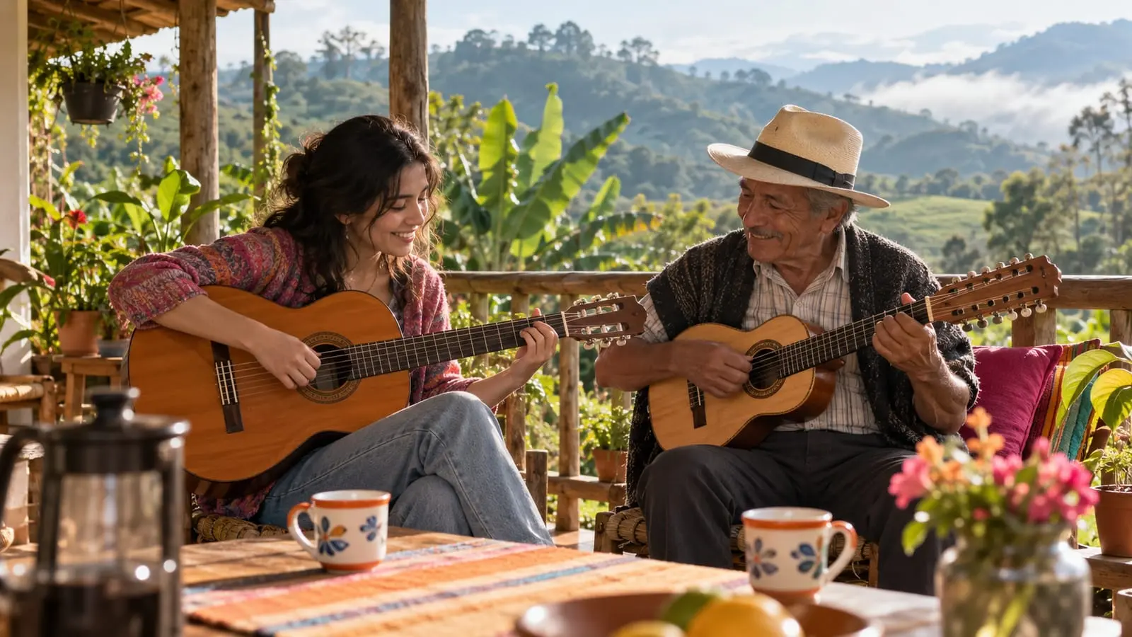 Un hombre con sombrero toca el tiple junto a una joven con guitarra en una terraza rodeada de montañas