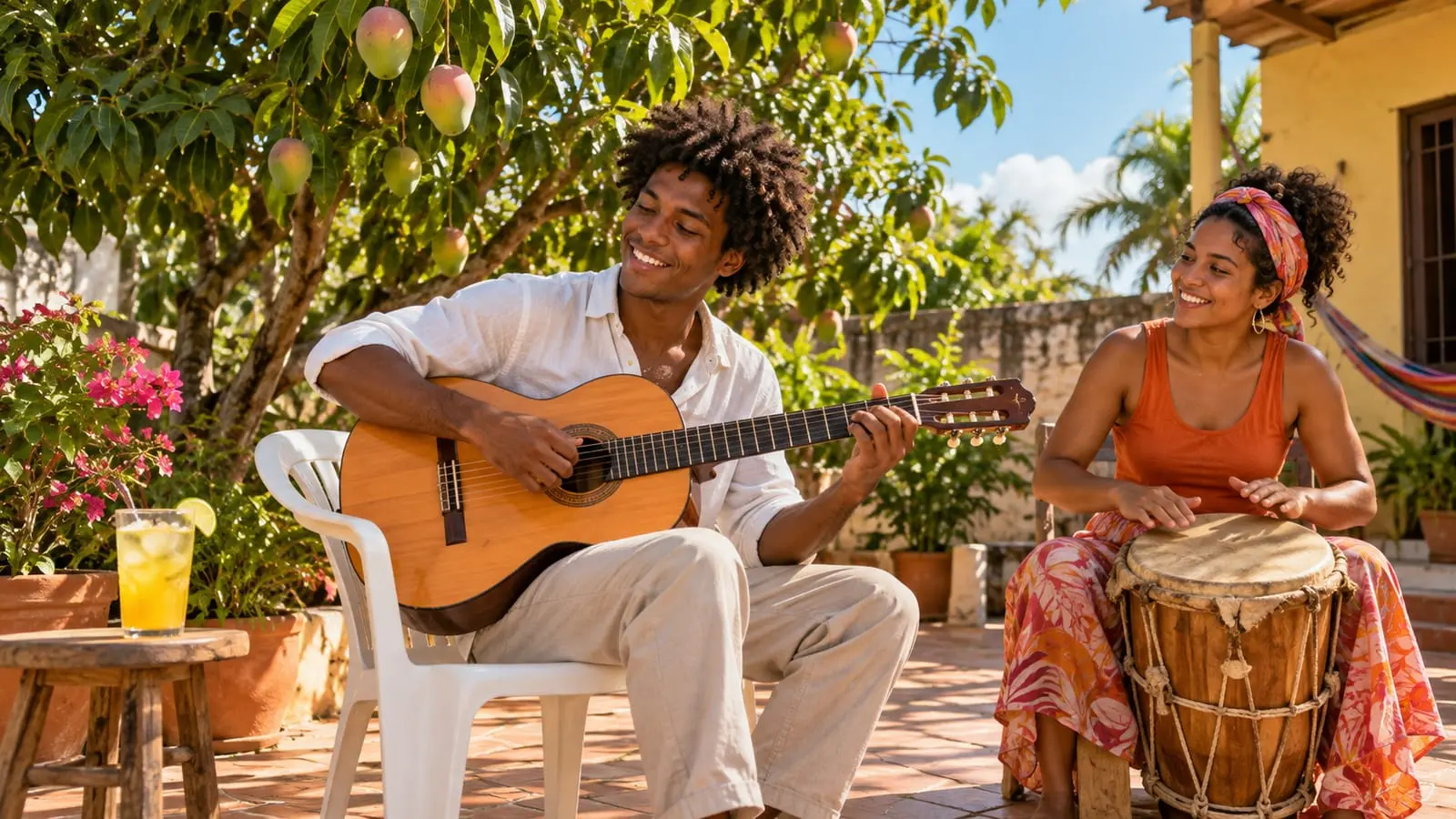 Un joven toca la guitarra en un patio soleado junto a una amiga que toca un tambor bajo un árbol de mango