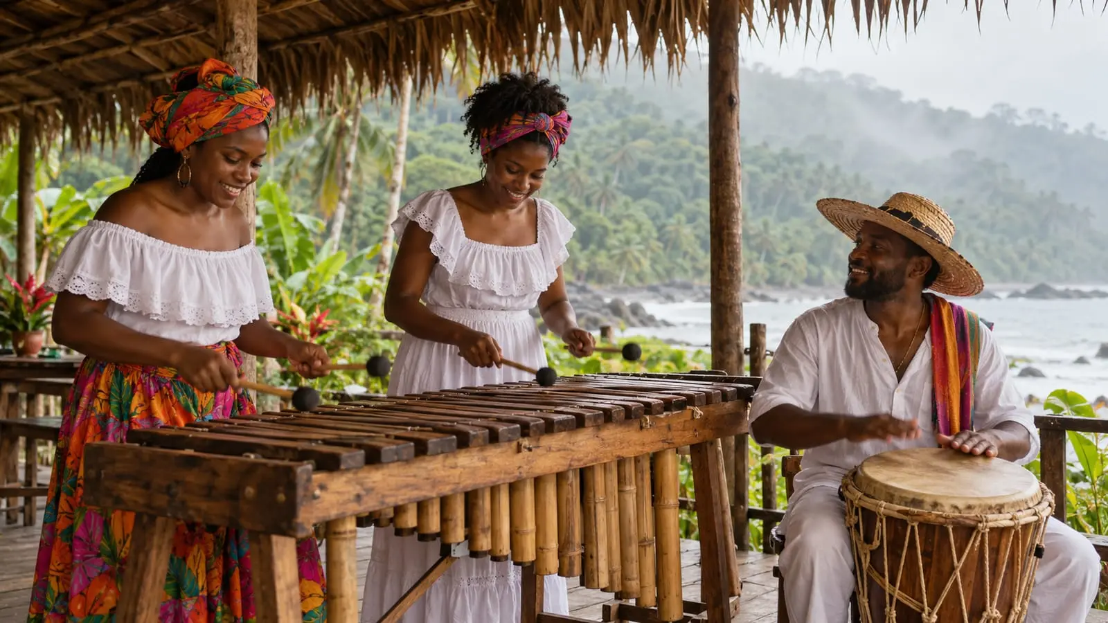 Músicos afro-colombianos tocam uma marimba de chonta e um tambor sob um telhado de folhas de palmeira, com floresta tropical ao fundo