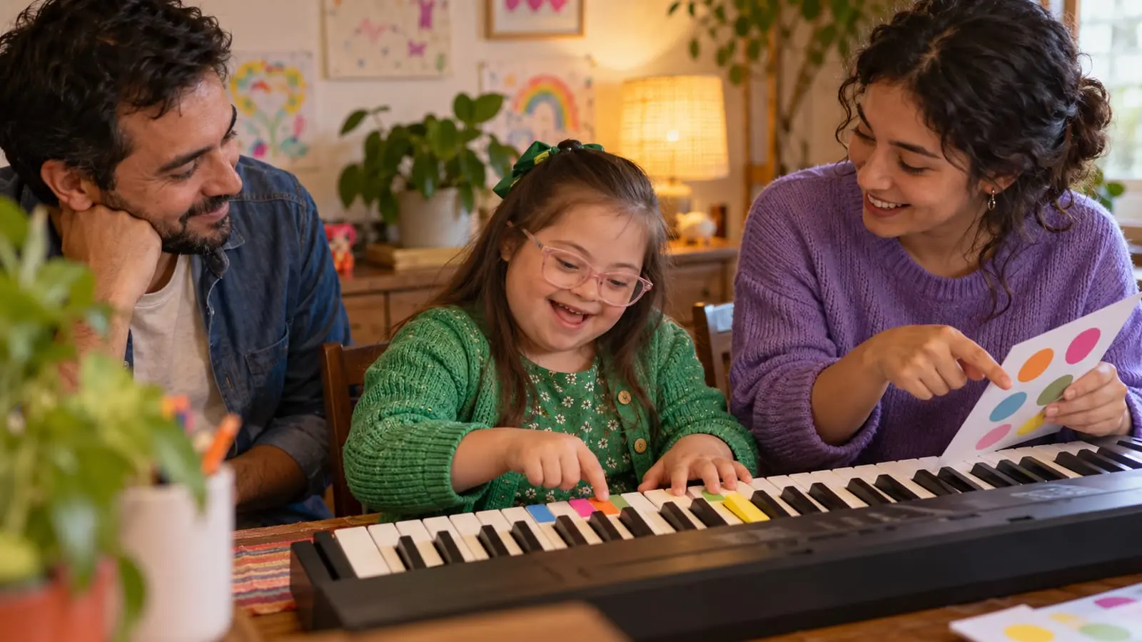 Niña con síndrome de Down toca un teclado con teclas de colores junto a su profesora y su papá en el comedor