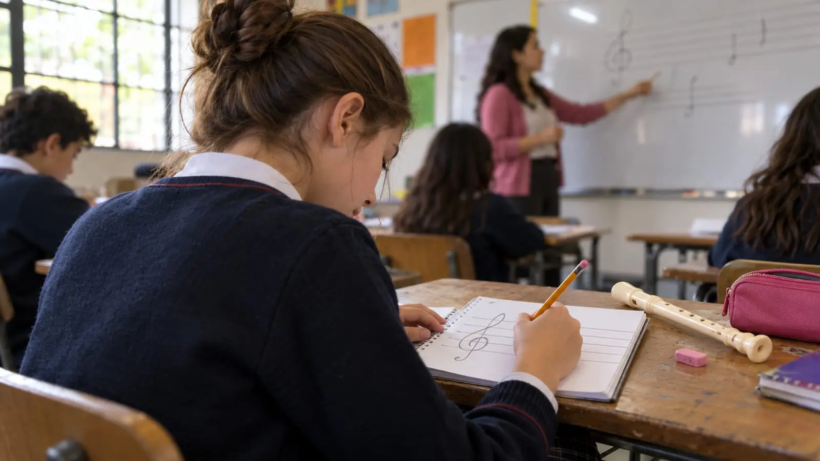 A girl in a school uniform drawing a staff and clef in her notebook while the teacher points to the board