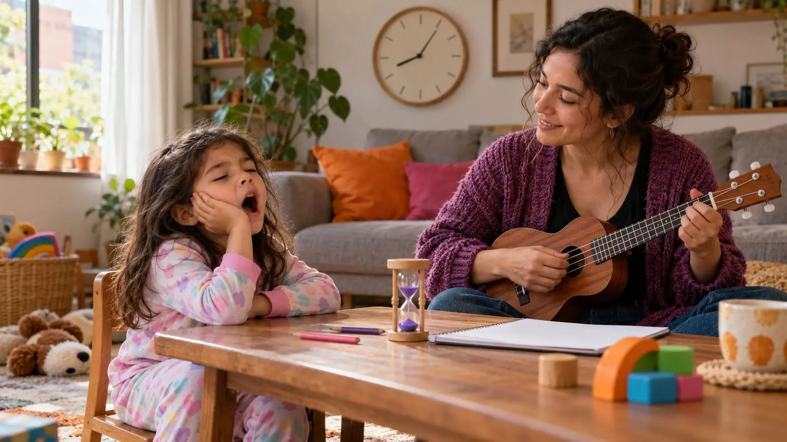 Una niña pequeña bosteza en clase de ukelele, con un reloj de arena sobre la mesa y la profesora al lado