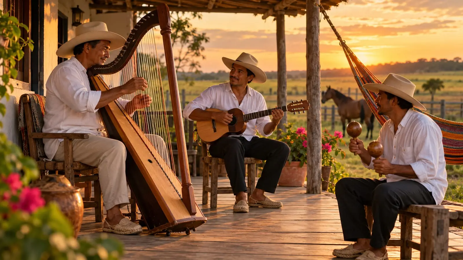 Três músicos com harpa, cuatro e maracas tocam joropo na varanda de uma fazenda nos Llanos ao pôr do sol
