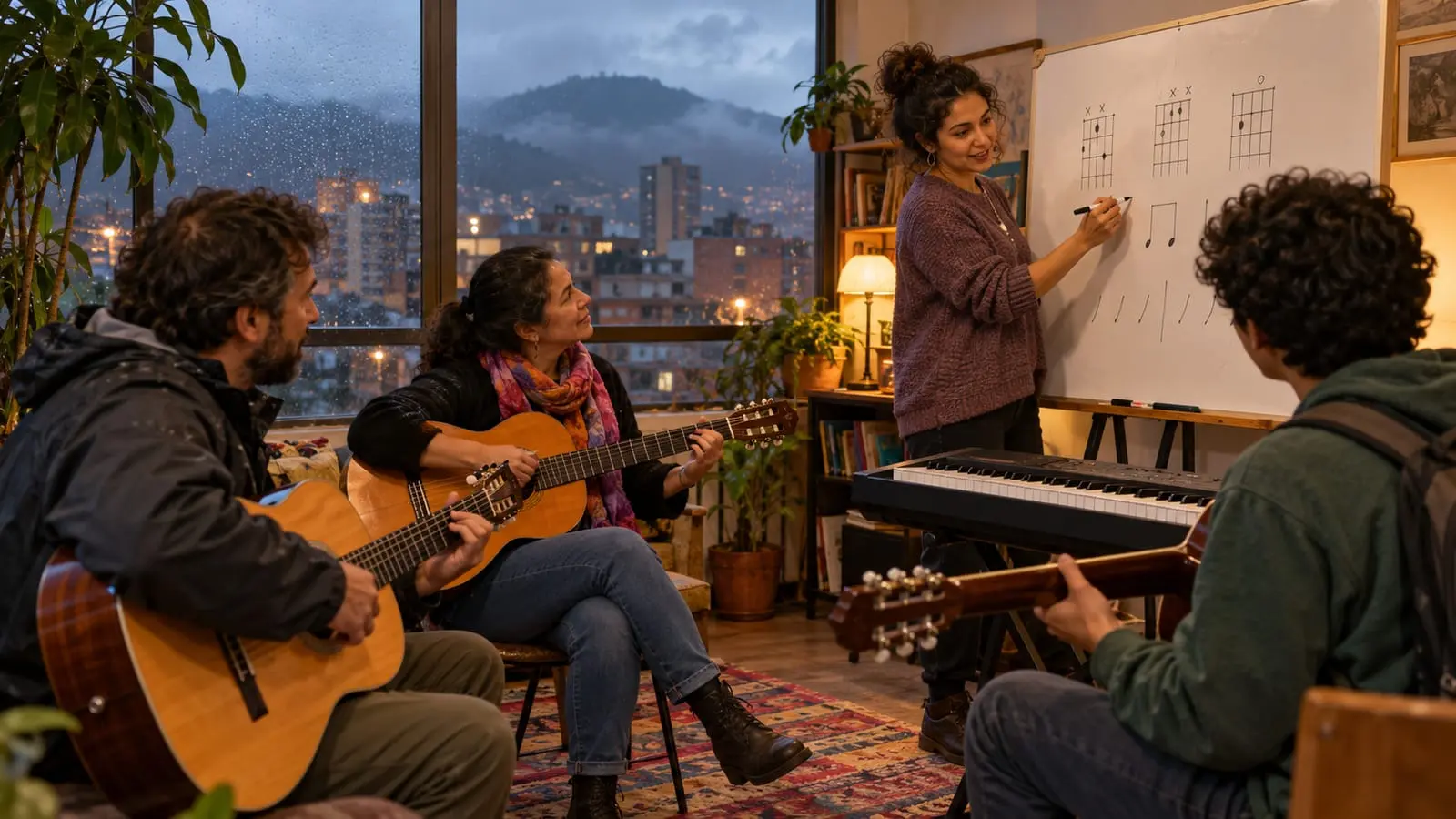 Tres adultos con guitarras toman clase con una profesora que dibuja acordes en un tablero, en una tarde lluviosa