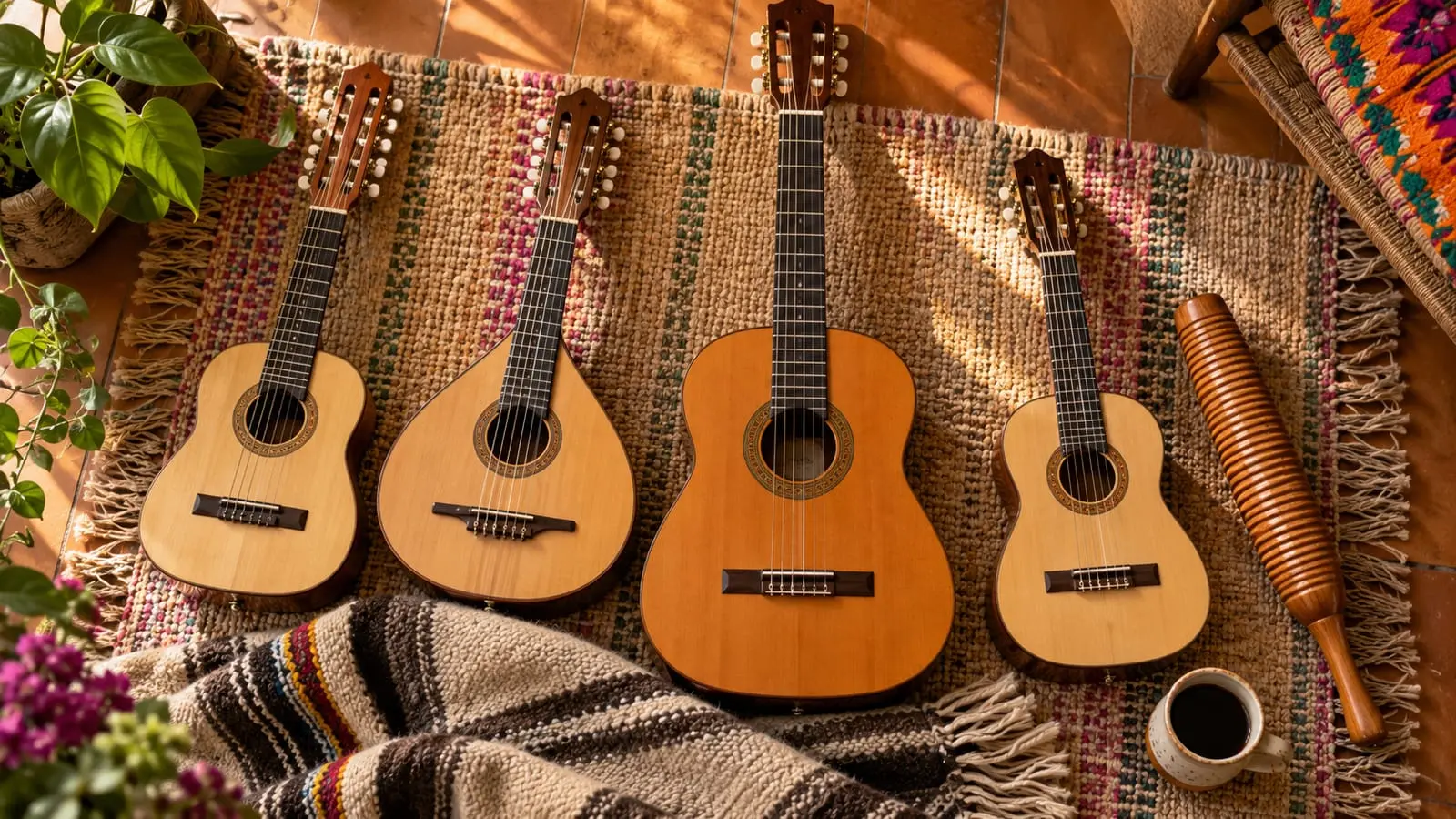 Un tiple, una bandola, una guitarra y un requinto sobre un tapete tejido, con una ruana doblada abajo