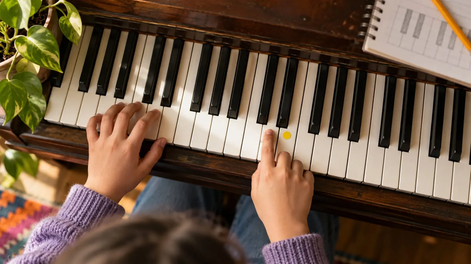 Um dedo percorre a menor distância entre duas teclas de piano, com um caderno e um lápis ao lado