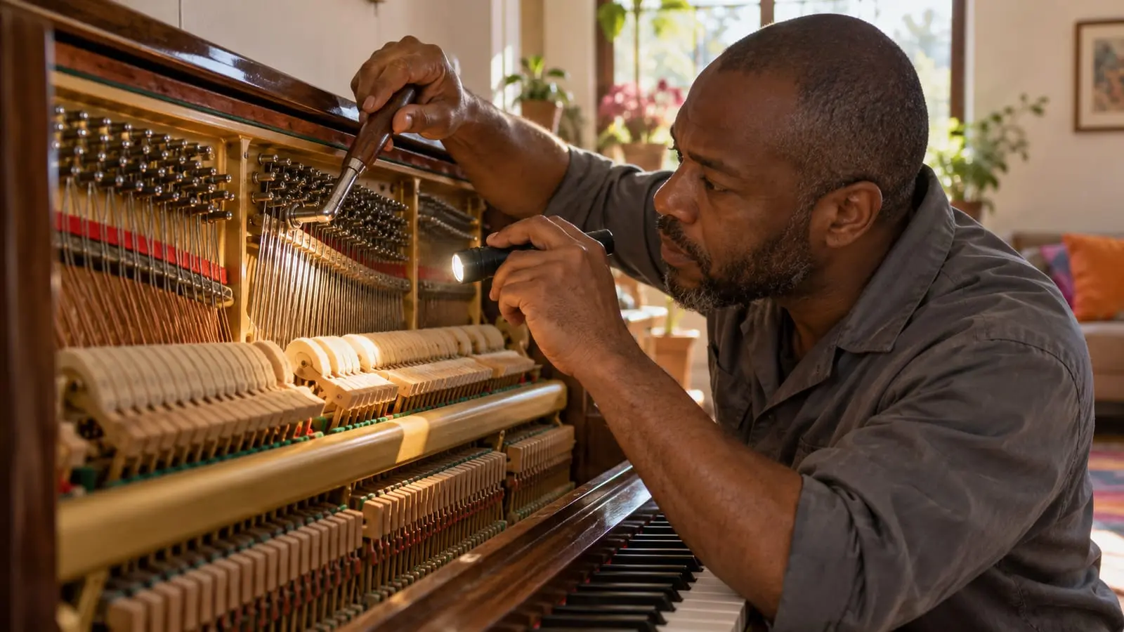 A tuner inspects the hammers and strings inside an open upright piano with a small flashlight
