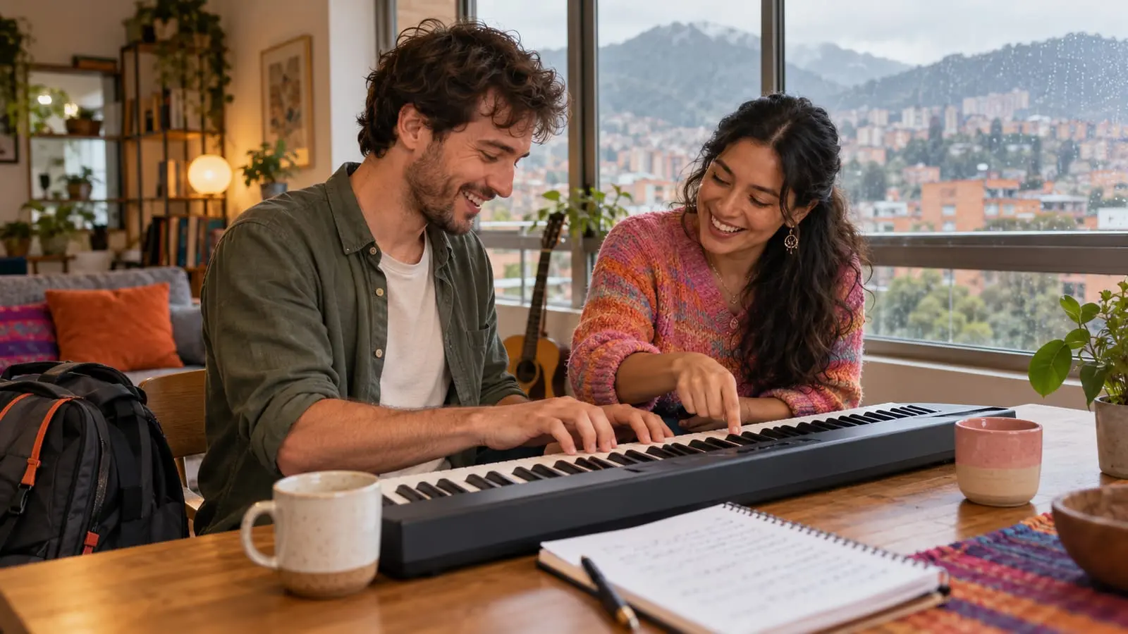 A man from abroad and a Colombian teacher share a keyboard on a table while it rains outside