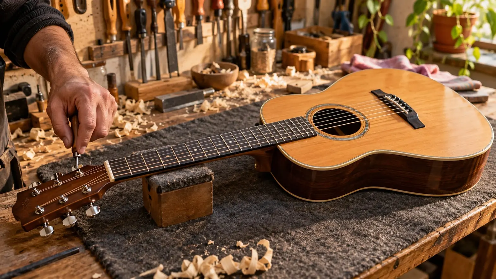 Um violão sobre a bancada de um luthier enquanto uma mão ajusta uma tarraxa, com ferramentas ao fundo