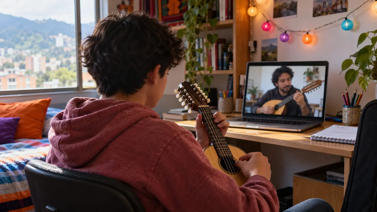 Un adolescente con una bandola sigue en su cuarto una clase por videollamada con un profesor que también la toca